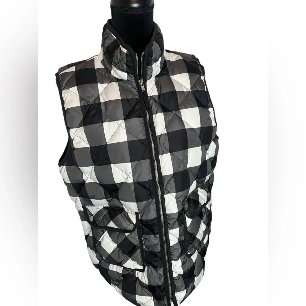 WOOLRICH QUILTED BLACK/WHITE PLAID‎ WINTER CASUAL PUFFER VEST WOMENS SIZE XL